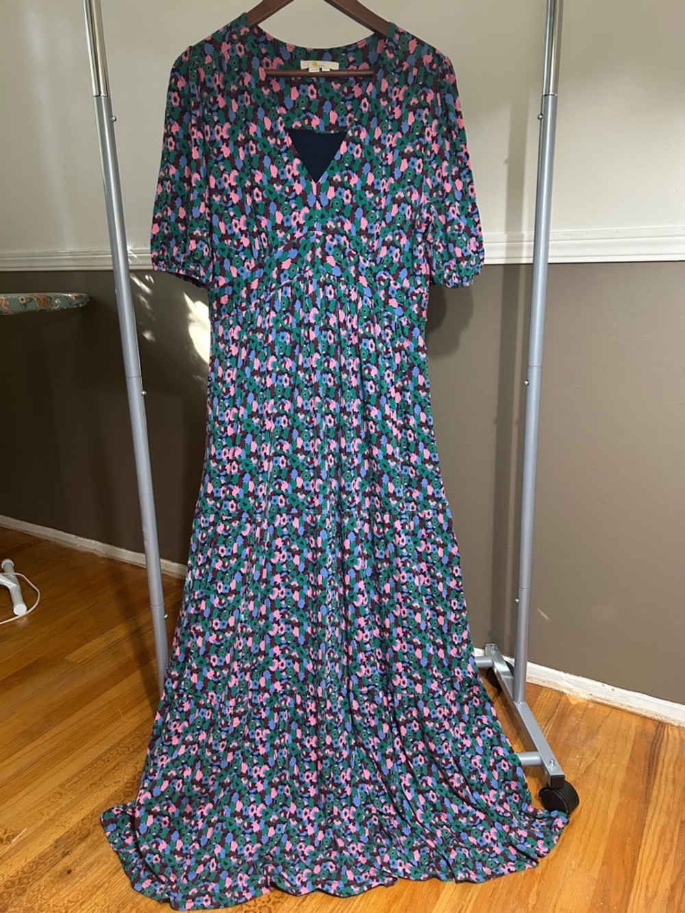 Boden Green Maxi Dress with Pink and Blue Floral Print